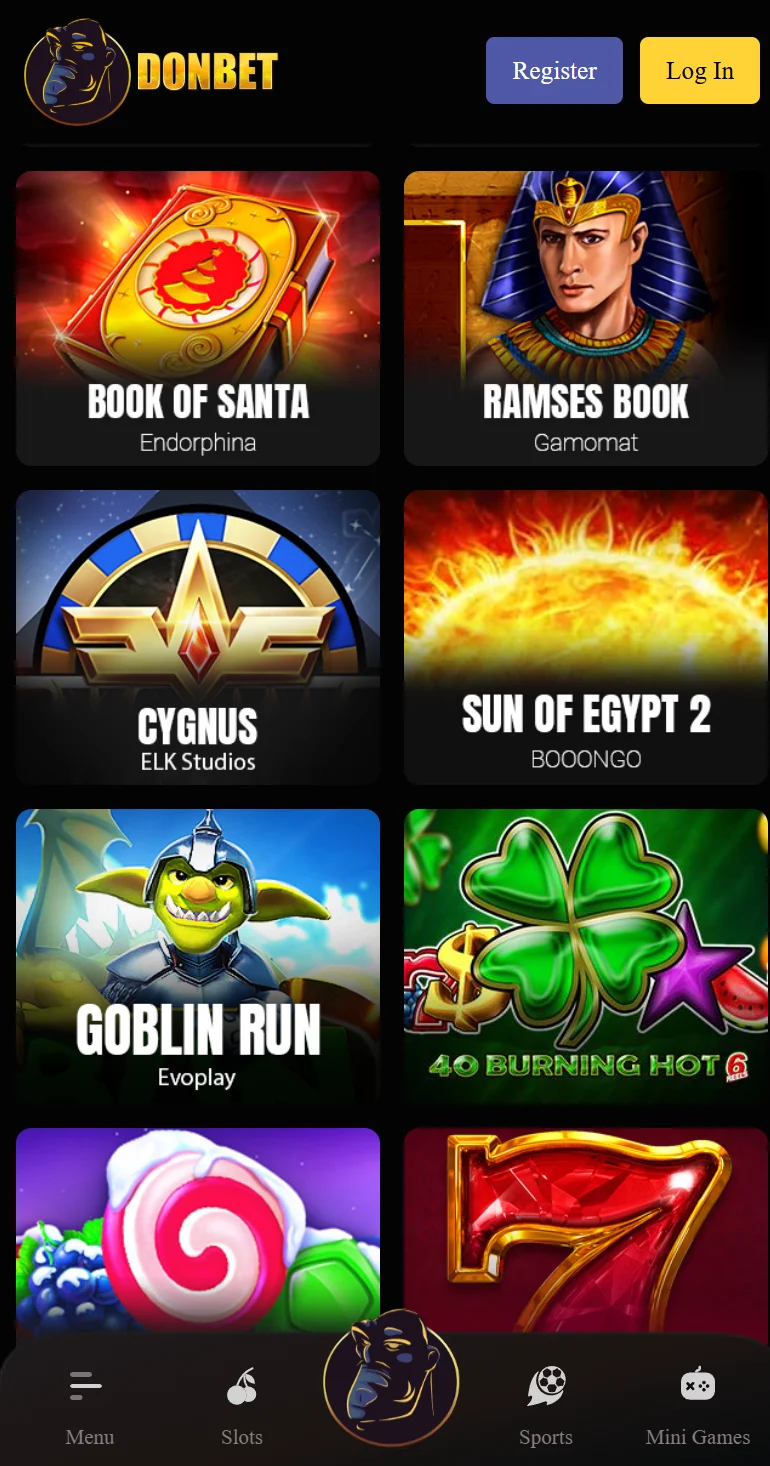 Slot games list in the Donbet mobile app